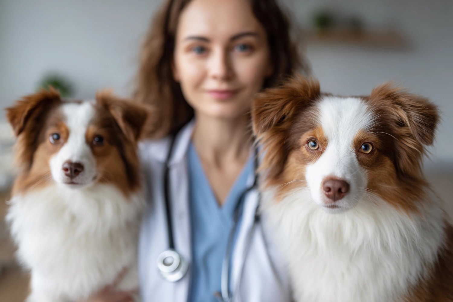 Tierärztin untersucht Hund und Katze, daneben Futter